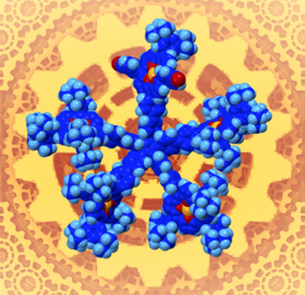 Star-shape molecule as gear prototype. The top arm has a different chemical structure to follow the rotation.