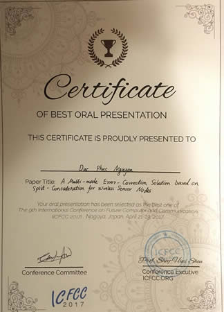 情報科学研究科コンピューティング・アーキテクチャ研究室のNguyen Duc Phucさん（博士後期課程2年）が、ICFCC 2017においてBest Oral Presentation Awardを受賞