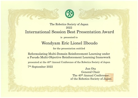 ロボットラーニング研究室のWendyam Eric Lionel Ilboudoさん(博士後期課程2年)が、日本ロボット学会 International Session Best Presentation Awardを受賞